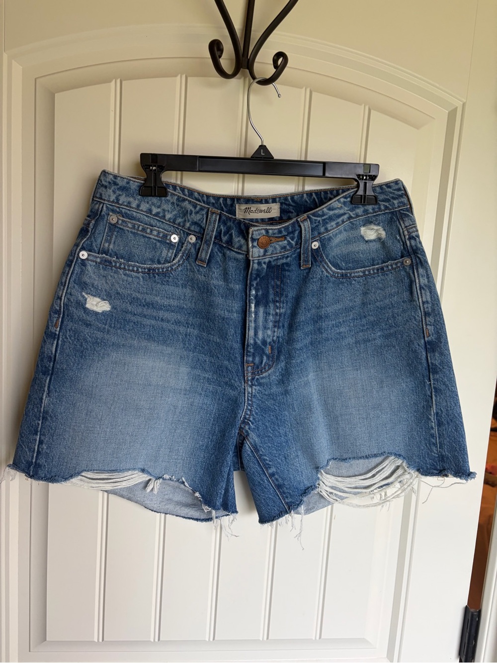 Madewell Curvy Relaxed Mid Length High-Rise Distressed Denim Shorts - Blue